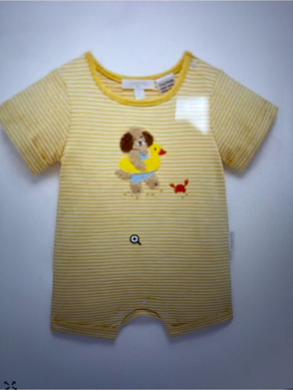 Purebaby Yellow Striped Baby Romper with Puppy & Duck Appliqué